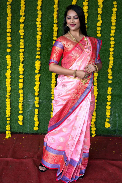 Load image into Gallery viewer, Fantabulous Baby Pink Banarasi Silk Saree With Ebullience Blouse Piece
