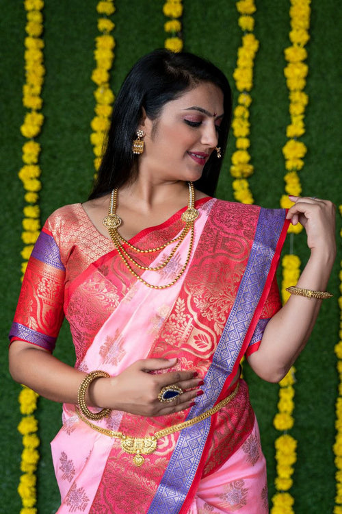 Load image into Gallery viewer, Fantabulous Baby Pink Banarasi Silk Saree With Ebullience Blouse Piece
