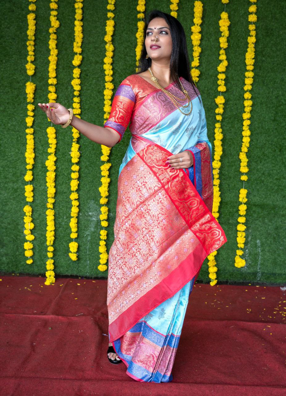 Splendorous Sky Banarasi Silk Saree With Ebullience Blouse Piece