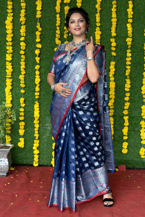 Blue Linen Saree with Silver Pallu – Wearitage India