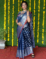 Tremendous Navy Blue Banarasi Silk Saree With Symmetrical Blouse Piece