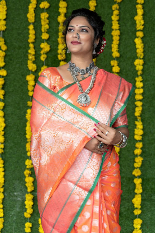 Load image into Gallery viewer, Innovative Orange Banarasi Silk Saree With Symmetrical Blouse Piece

