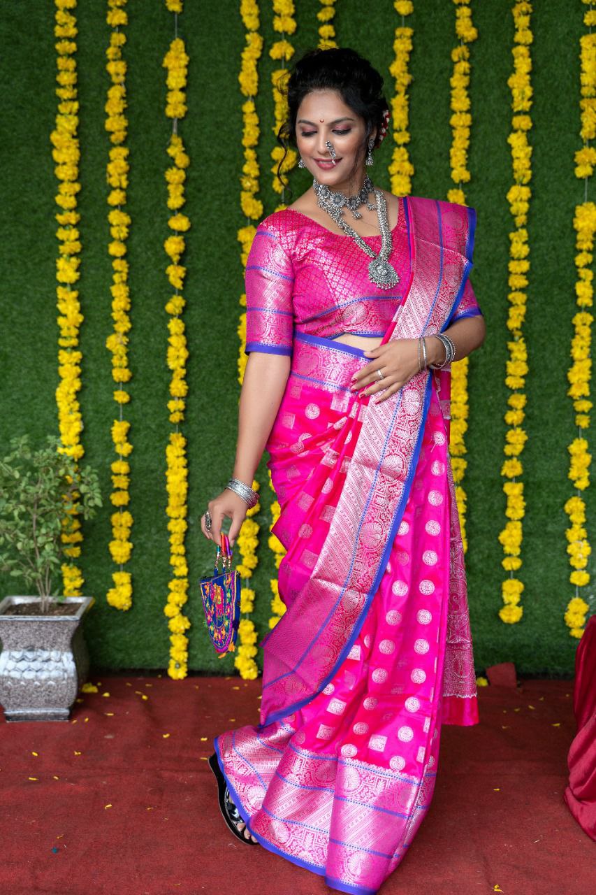 Yellow And Pink Stone Work Party Wear Saree -