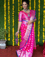 Elaborate Dark Pink Banarasi Silk Saree With Symmetrical Blouse Piece