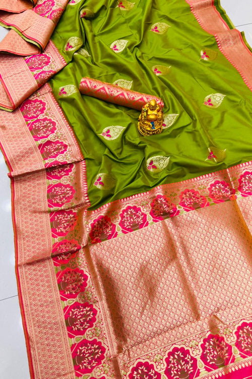 Load image into Gallery viewer, Lagniappe Mehndi Kanjivaram Silk With Sizzling Blouse Piece
