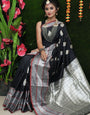Comely Black Banarasi Silk Saree With Forbearance Blouse Piece