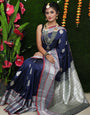 Divine Navy Blue Banarasi Silk Saree With Forbearance Blouse Piece
