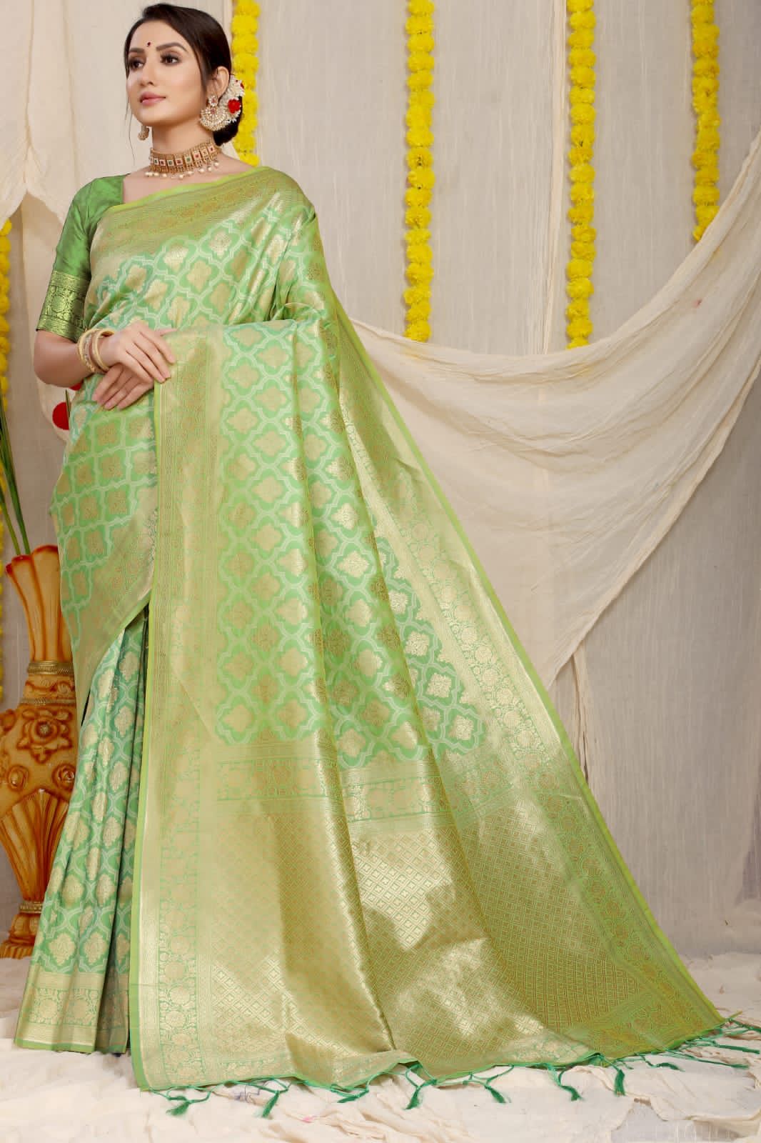 Exceptional Pista Soft Banarasi Silk Saree With Bewitching Blouse Piece