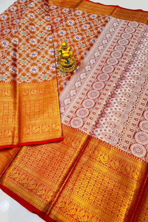 Load image into Gallery viewer, Eloquence Orange Kanjivaram Silk and Angelic Blouse Piece
