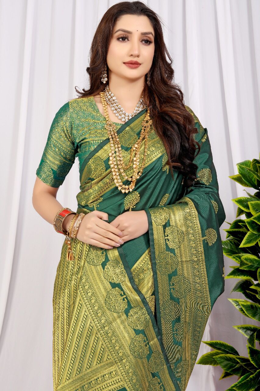 Sophisticated Dark Green Soft Banarasi Silk Saree With Supernal Blouse Piece