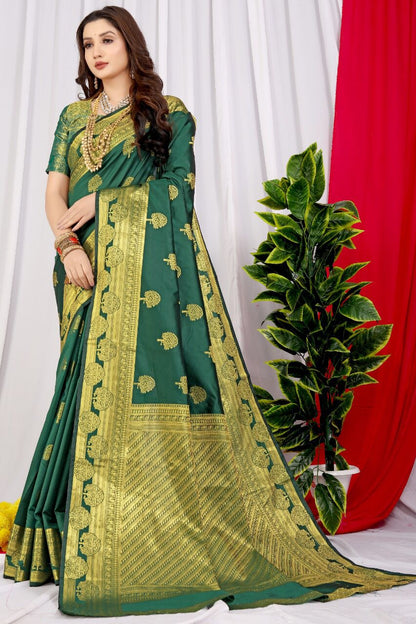 Sophisticated Dark Green Soft Banarasi Silk Saree With Supernal Blouse Piece