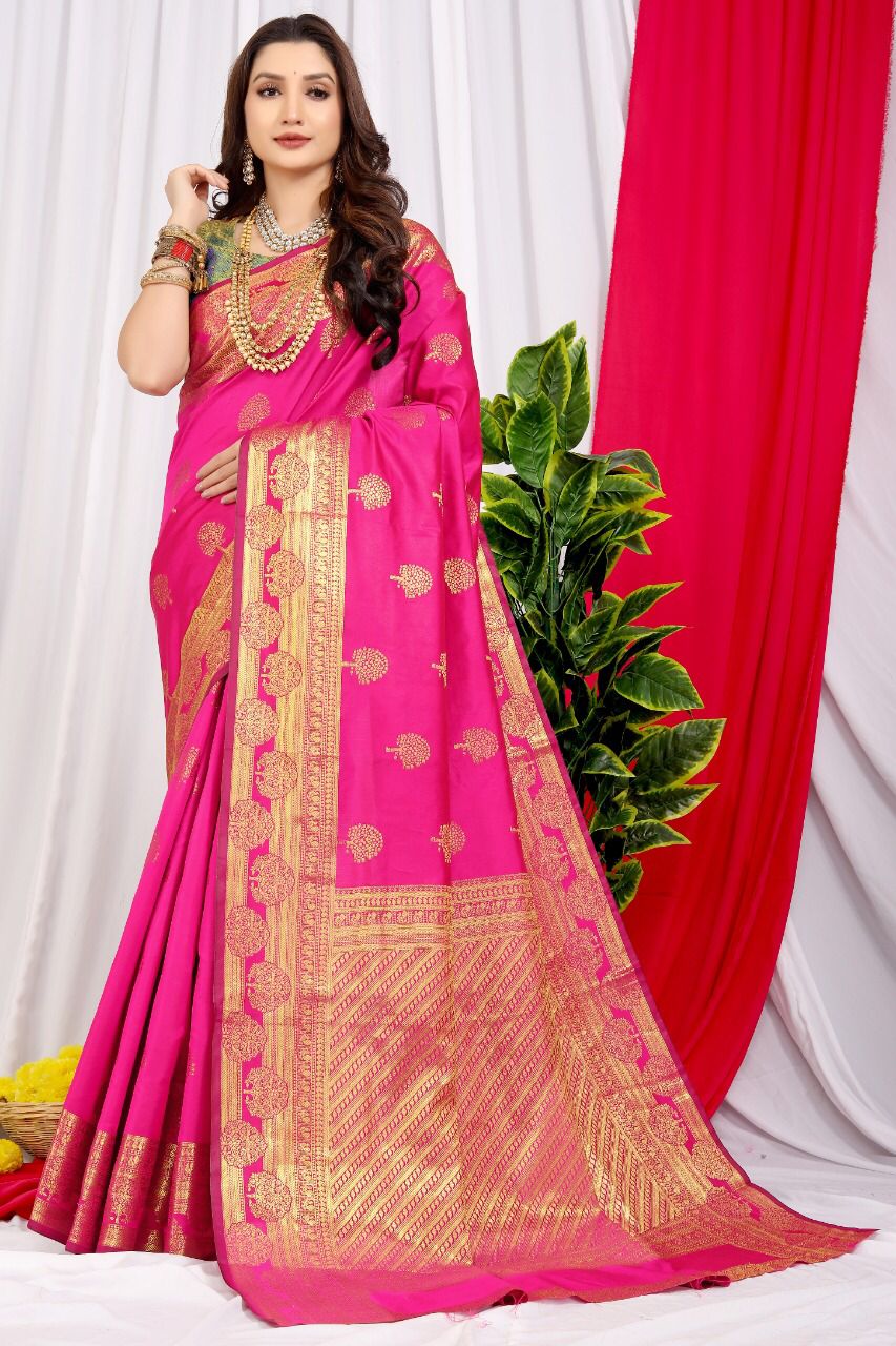 Refreshing Dark Pink Soft Banarasi Silk Saree With Supernal Blouse Piece