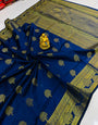 Dazzling Navy Blue Soft Banarasi Silk Saree With Supernal Blouse Piece