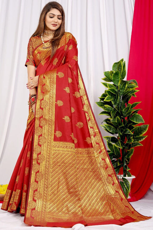 Load image into Gallery viewer, Majesty Red Soft Banarasi Silk Saree With Supernal Blouse Piece
