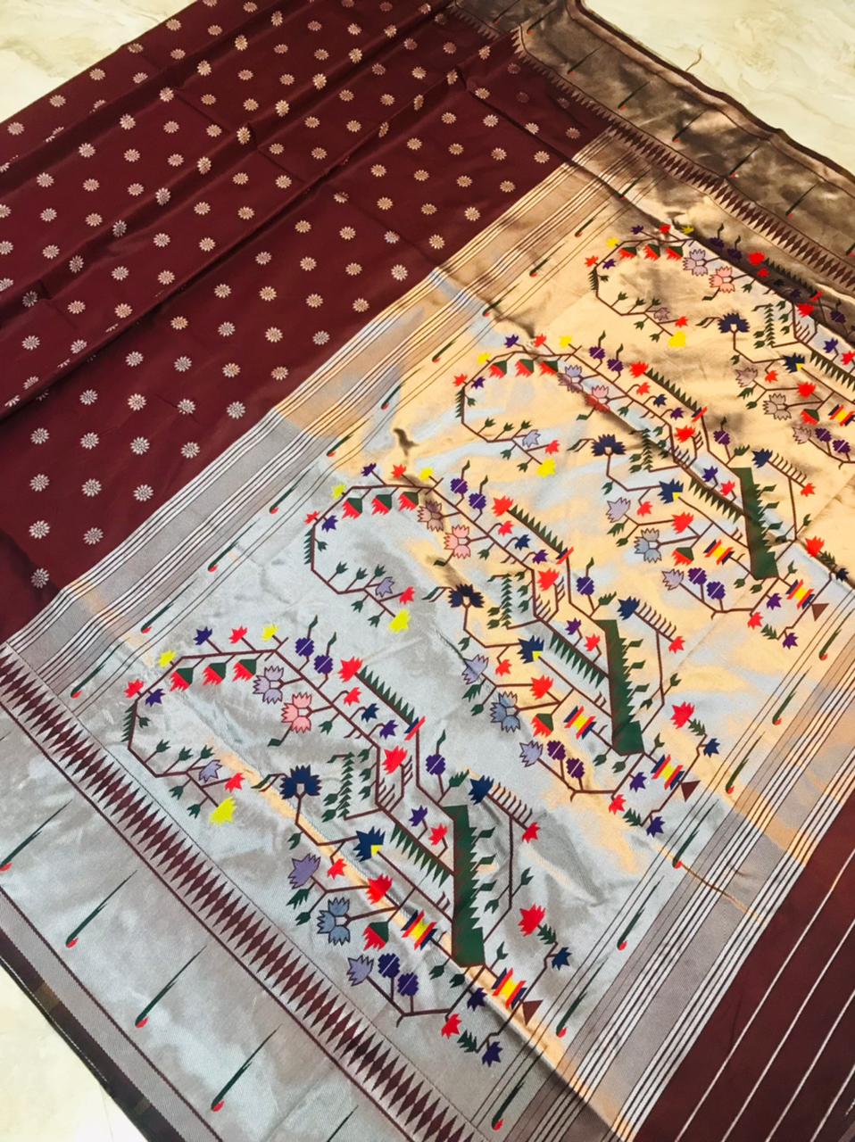 Lovely Brown Paithani Silk Saree With Magnetic Blouse Piece