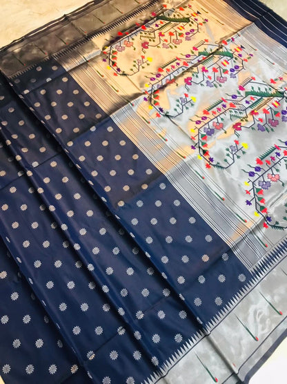 Classy Navy Blue Paithani Silk Saree With Magnetic Blouse Piece