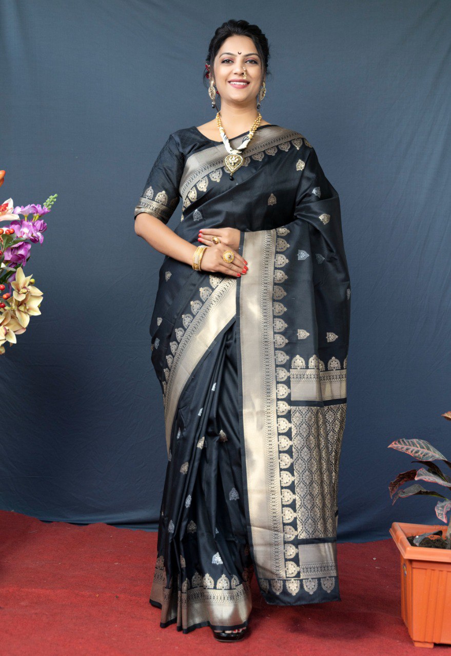 Unique Black Banarasi Silk Saree With Classic Blouse Piece – LajreeDesigner