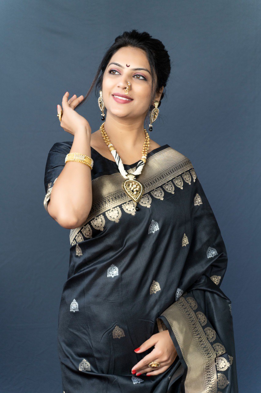 Unique Black Banarasi Silk Saree With Classic Blouse Piece