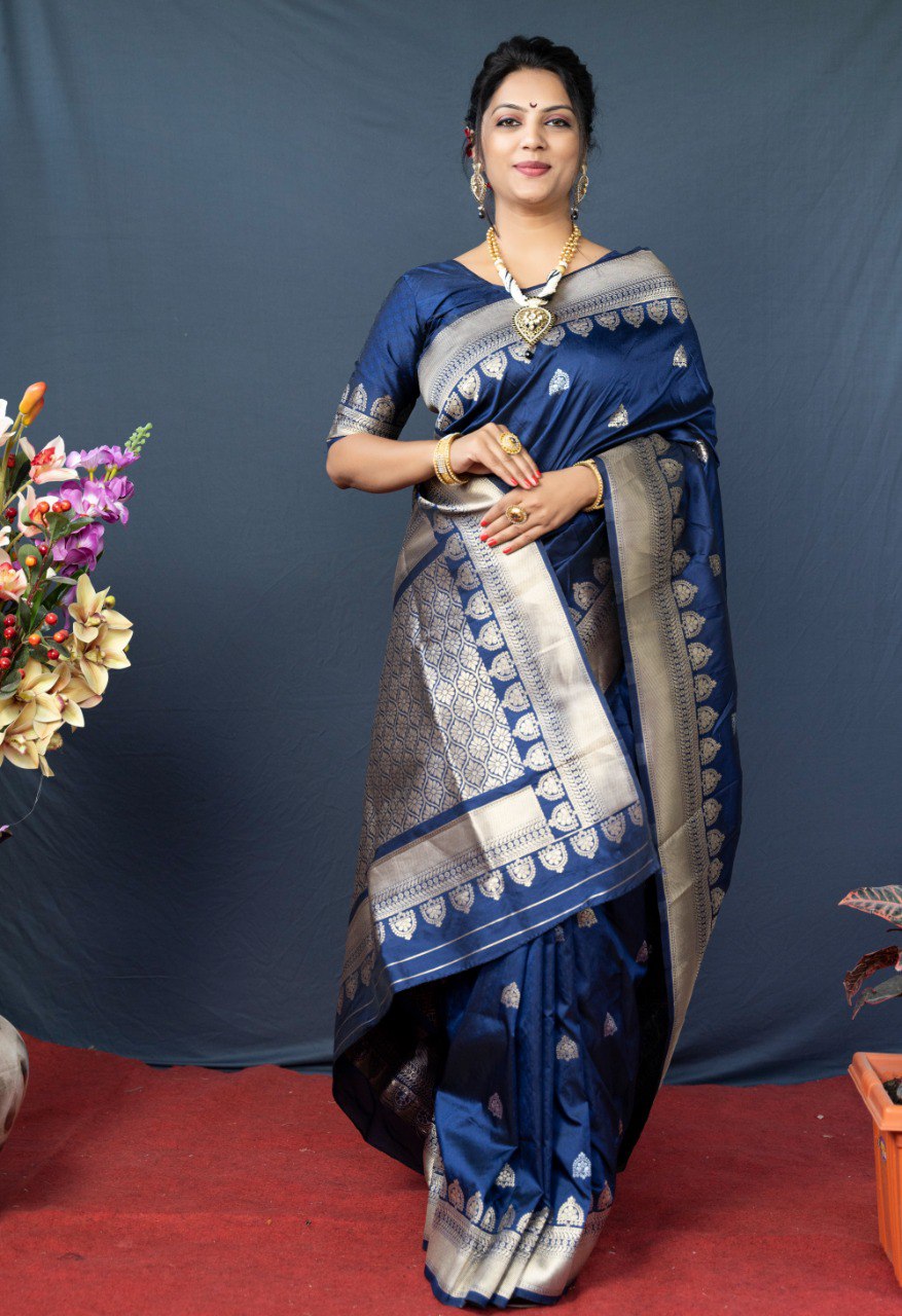Dazzling Navy Blue Banarasi Silk Saree With Classic Blouse Piece