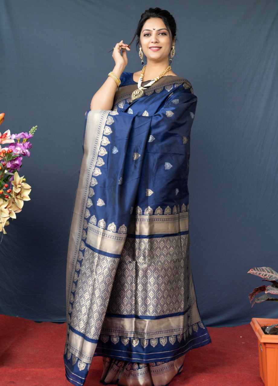 Dazzling Navy Blue Banarasi Silk Saree With Classic Blouse Piece