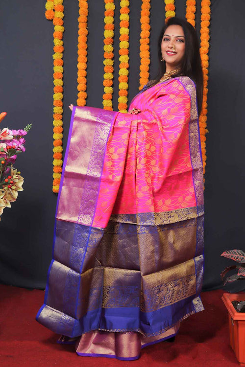 Load image into Gallery viewer, Groovy Pink Kanjivaram Silk With Redolent Blouse Piece
