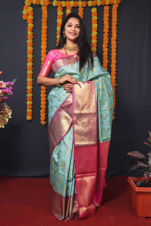 Load image into Gallery viewer, Prominent Sky Kanjivaram Silk With Redolent Blouse Piece
