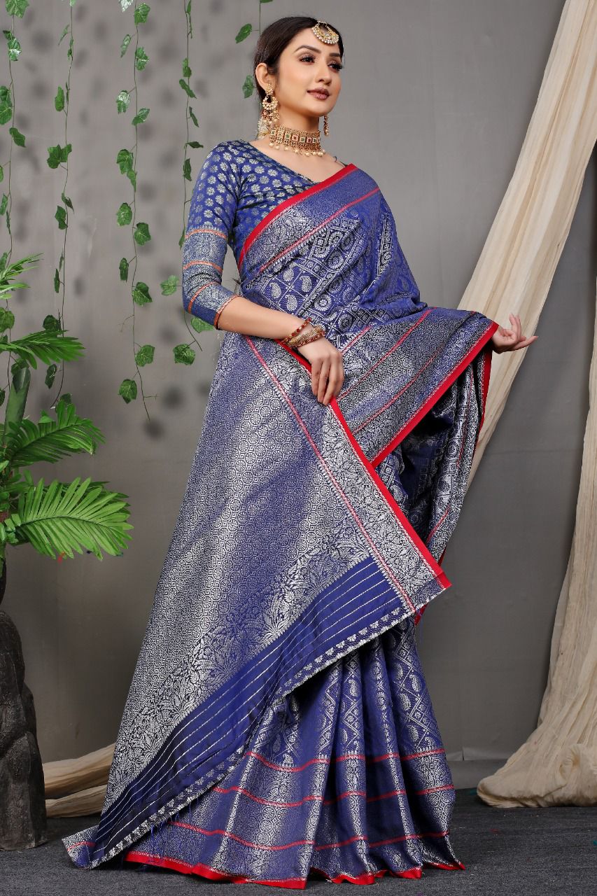 Lissome Navy Blue Banarasi Silk Saree With Classic Blouse Piece