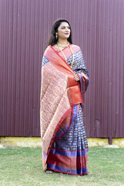 Load image into Gallery viewer, Palimpsest Blue Kanjivaram Silk With Super Deserving Blouse Piece
