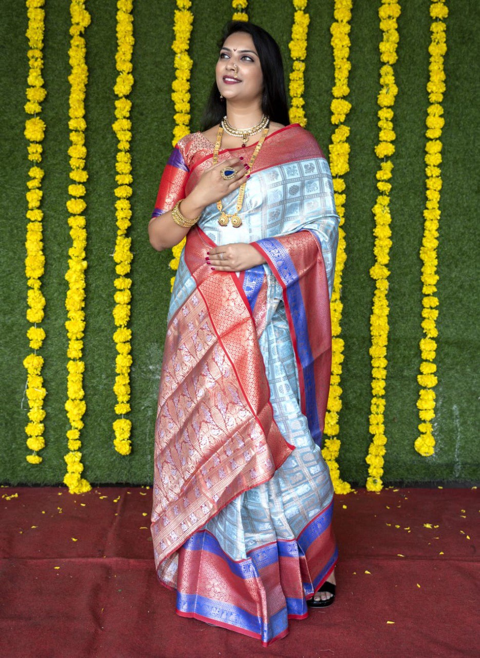 Ratatouille Sky Kanjivaram Silk With Super Deserving Blouse Piece