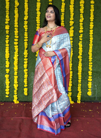 Ratatouille Sky Kanjivaram Silk With Super Deserving Blouse Piece