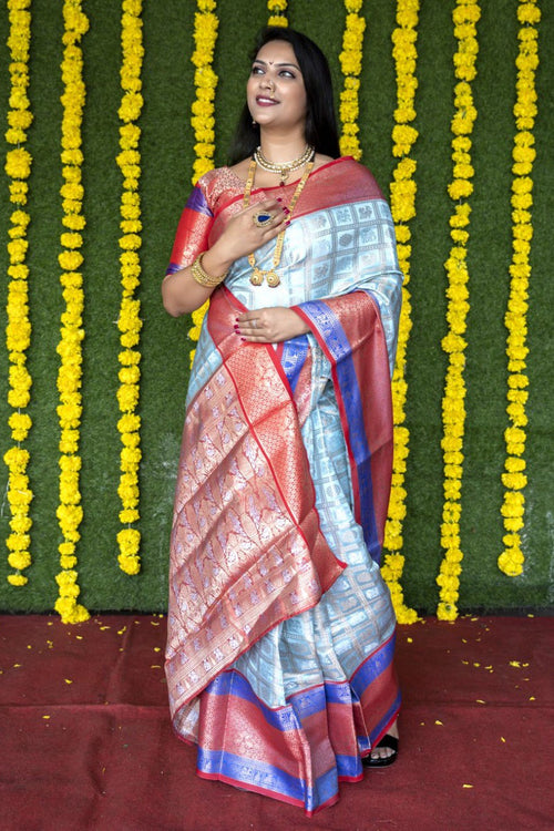 Load image into Gallery viewer, Ratatouille Sky Kanjivaram Silk With Super Deserving Blouse Piece
