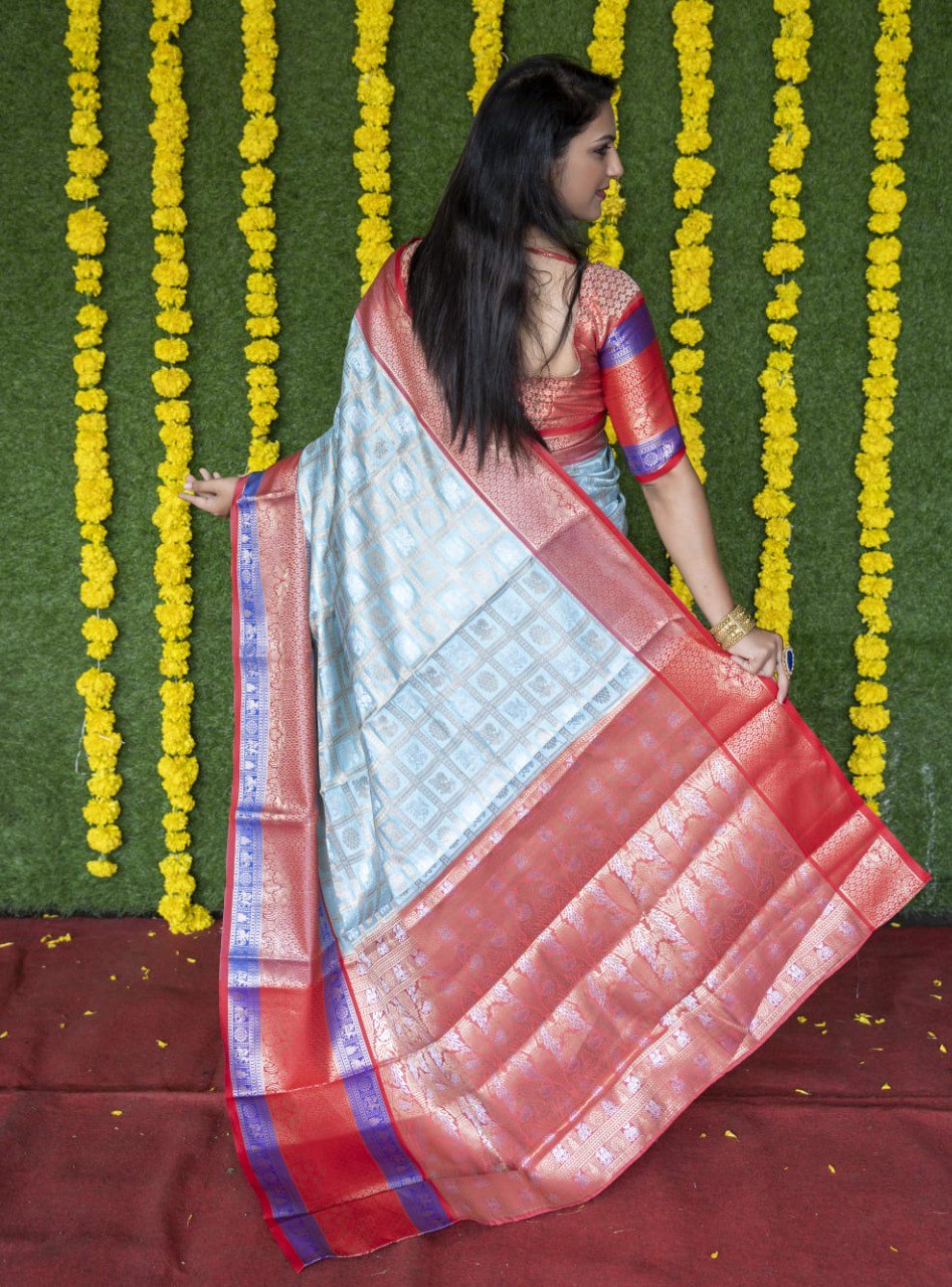 Ratatouille Sky Kanjivaram Silk With Super Deserving Blouse Piece