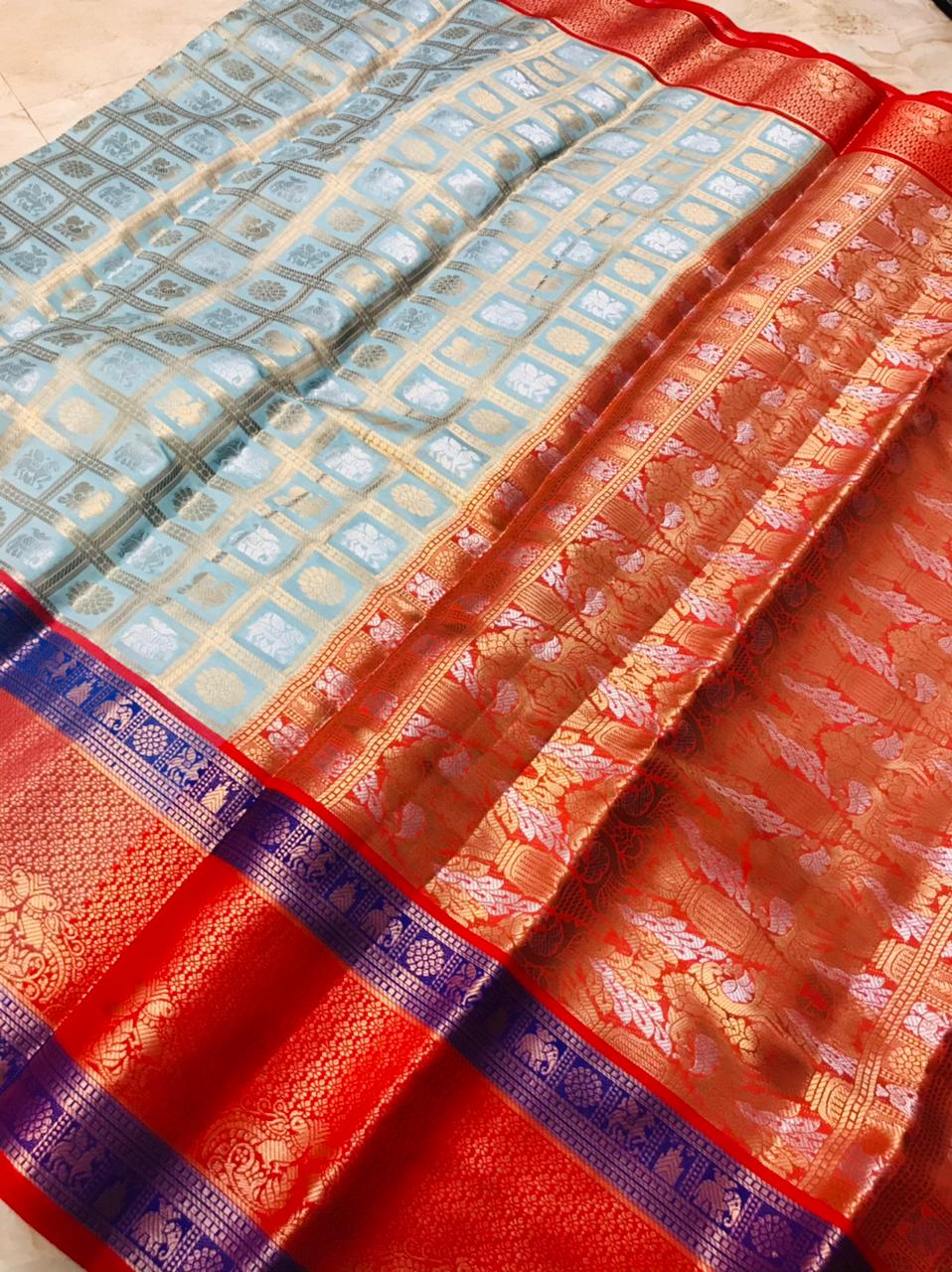 Ratatouille Sky Kanjivaram Silk With Super Deserving Blouse Piece