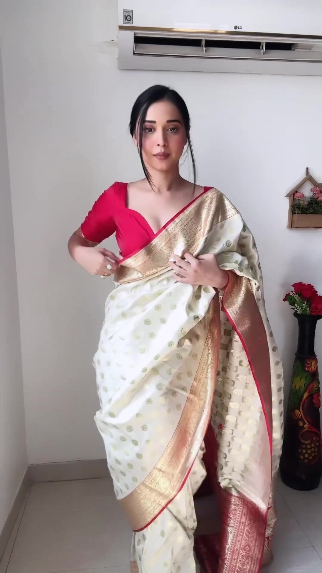 Gorgeous 1-Minute Ready To Wear Beige Soft Silk Saree