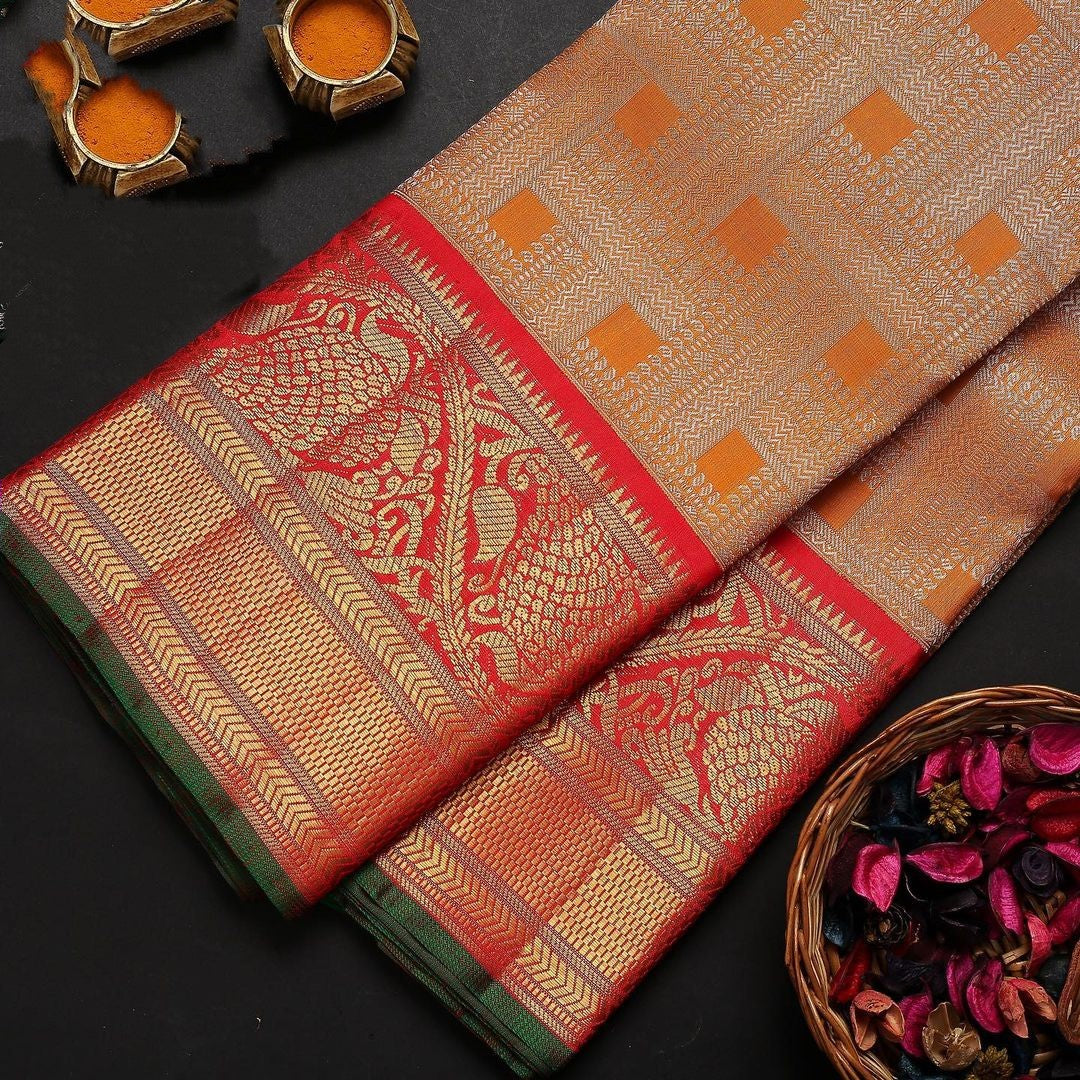 Sophisticated Orange Soft Banarasi Silk Saree With Two Attractive Blouse Piece