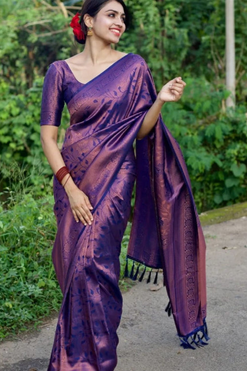 Load image into Gallery viewer, Tempting Navy Blue Soft Banarasi Silk Saree With Engaging Blouse Piece
