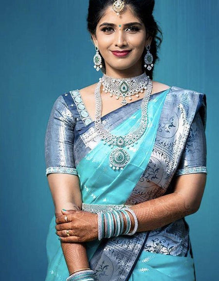 Marvellous Firozi Soft Banarasi Silk Saree With Unique Blouse Piece