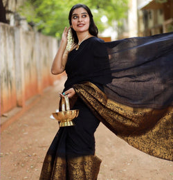 Sizzling Black Soft Silk Saree With Serendipity Blouse Piece