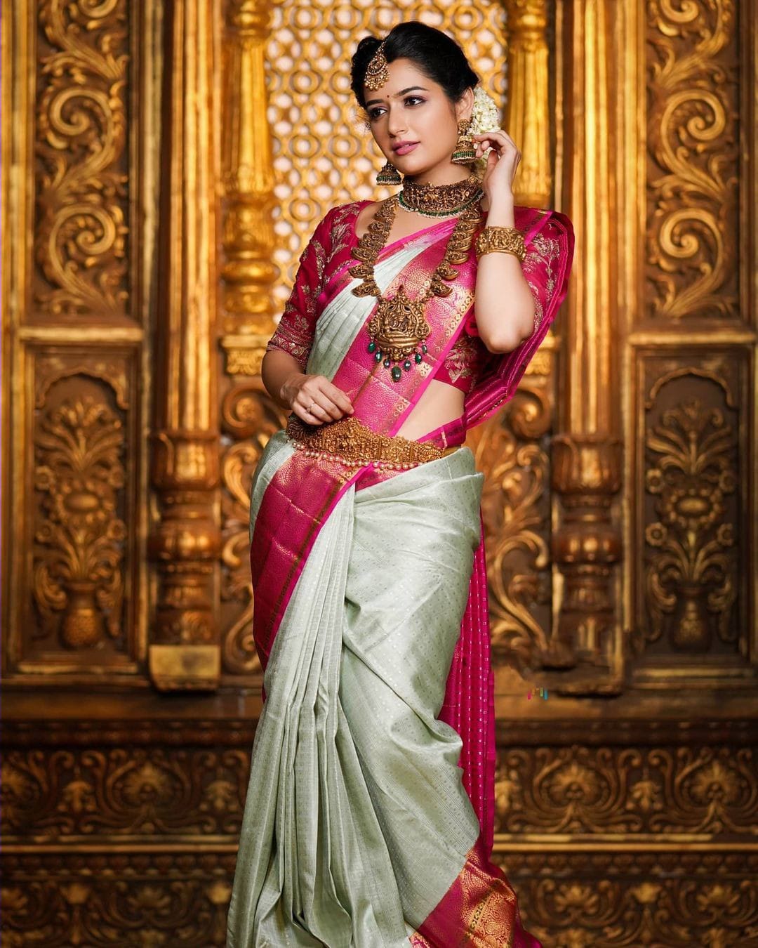 Buy Olive Green-Pink Handloom Kanchipuram Silk Saree with Buta Work Online  in USA – Pure Elegance