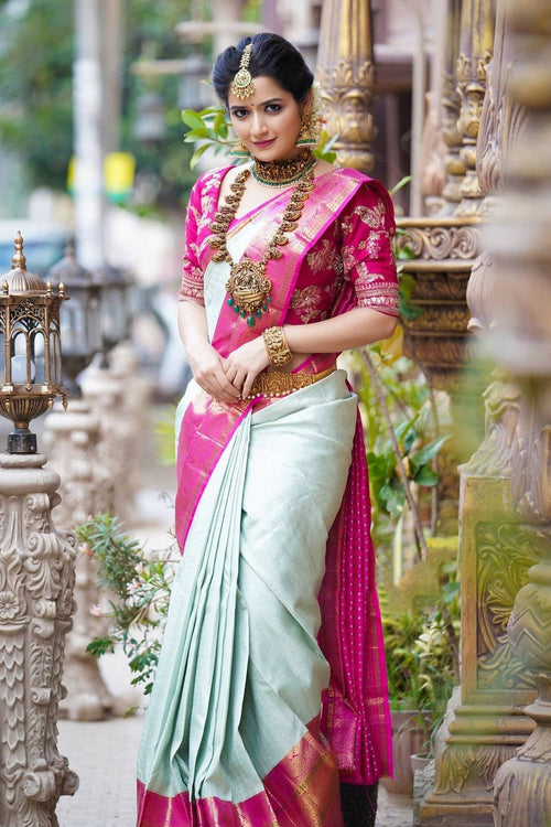 Load image into Gallery viewer, Luxuriant Sea Green Soft Banarasi Silk Saree With Smashing Blouse Piece
