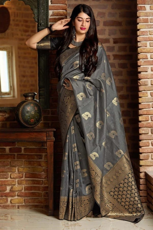 Magnificent Dark Grey Banarasi Weave Linen Saree For Happy Occassions -  Loomfolks