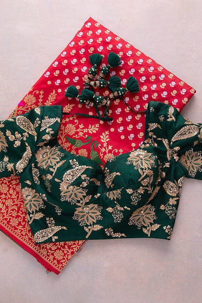 Assemblage Red Soft Banarasi Silk Saree With Demesne Two Blouse Piece