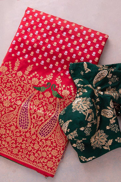 Assemblage Red Soft Banarasi Silk Saree With Demesne Two Blouse Piece