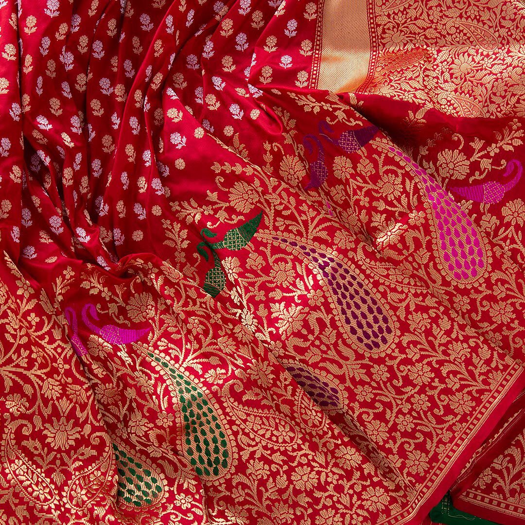 Assemblage Red Soft Banarasi Silk Saree With Demesne Two Blouse Piece