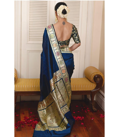 Amazing Navy Blue Soft Silk Saree With Gorgeous Blouse Piece