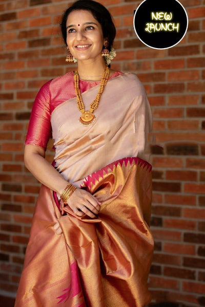 Fantabulous Beige Soft Silk Saree With Snazzy Blouse Piece