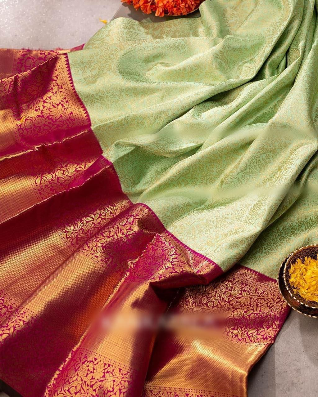 Invaluable Pista Soft Banarasi Silk Saree With Surpassing Blouse Piece