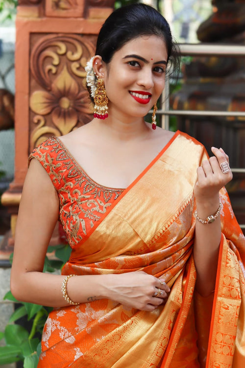 Load image into Gallery viewer, Felicitous Orange Soft Banarasi Silk Saree With Enchanting Blouse Piece
