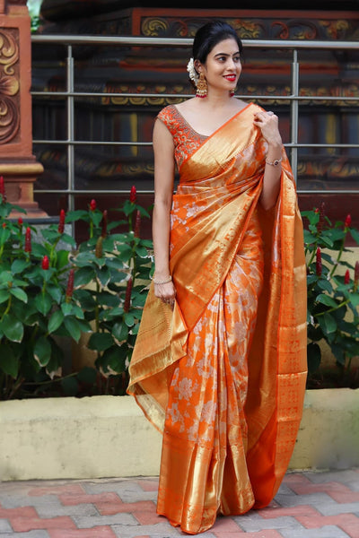 Felicitous Orange Soft Banarasi Silk Saree With Enchanting Blouse Piece