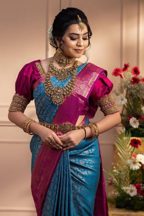 Load image into Gallery viewer, Staggering Firozi Soft Banarasi Silk Saree With Imaginative Blouse Piece
